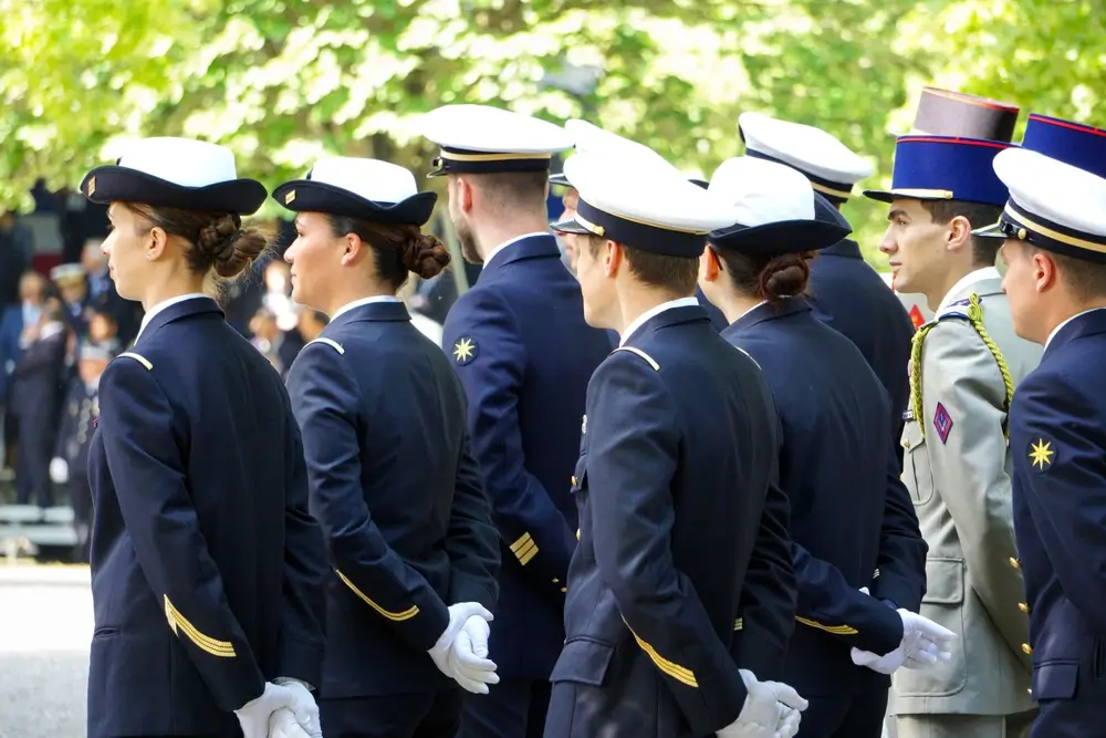 Soldats en uniforme de cérémonie alignés en rang pour une cérémonie militaire, illustrant la hiérarchie des grades.